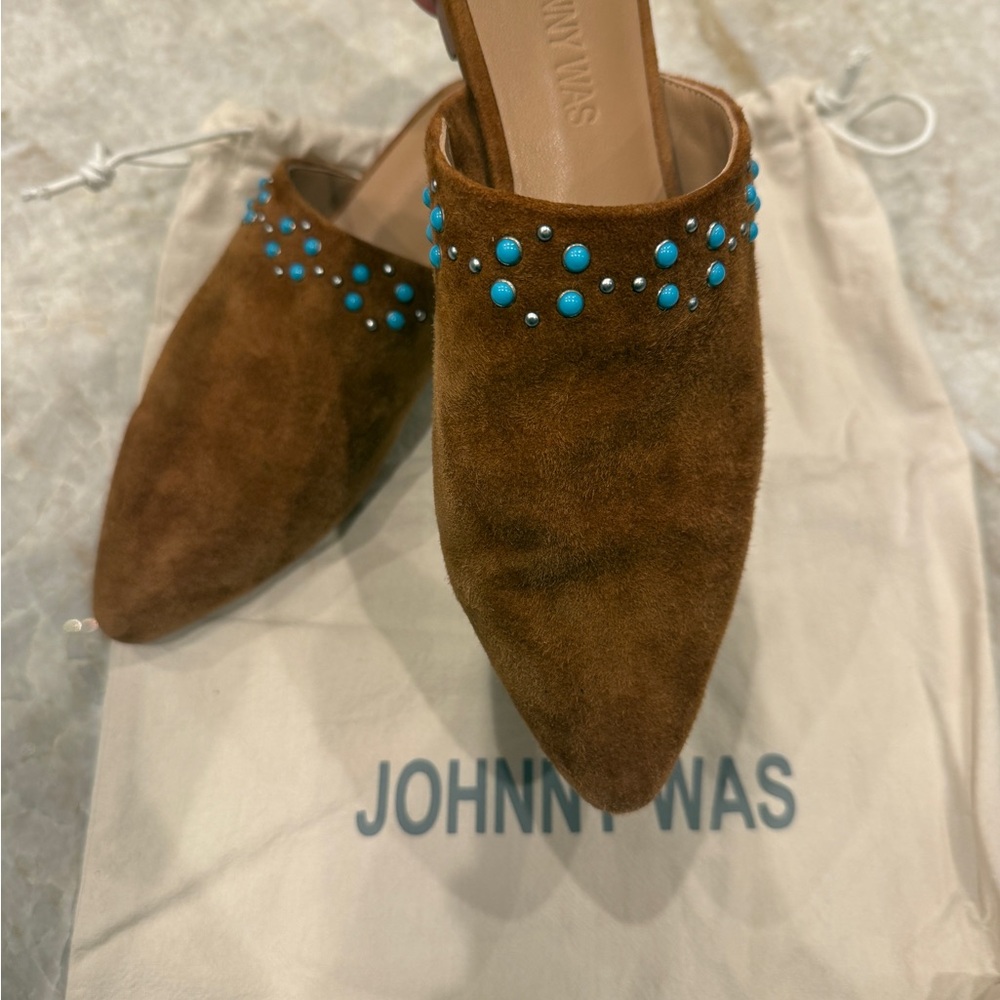 Johnny Was Brown Suede Mules with Turquoise Accents